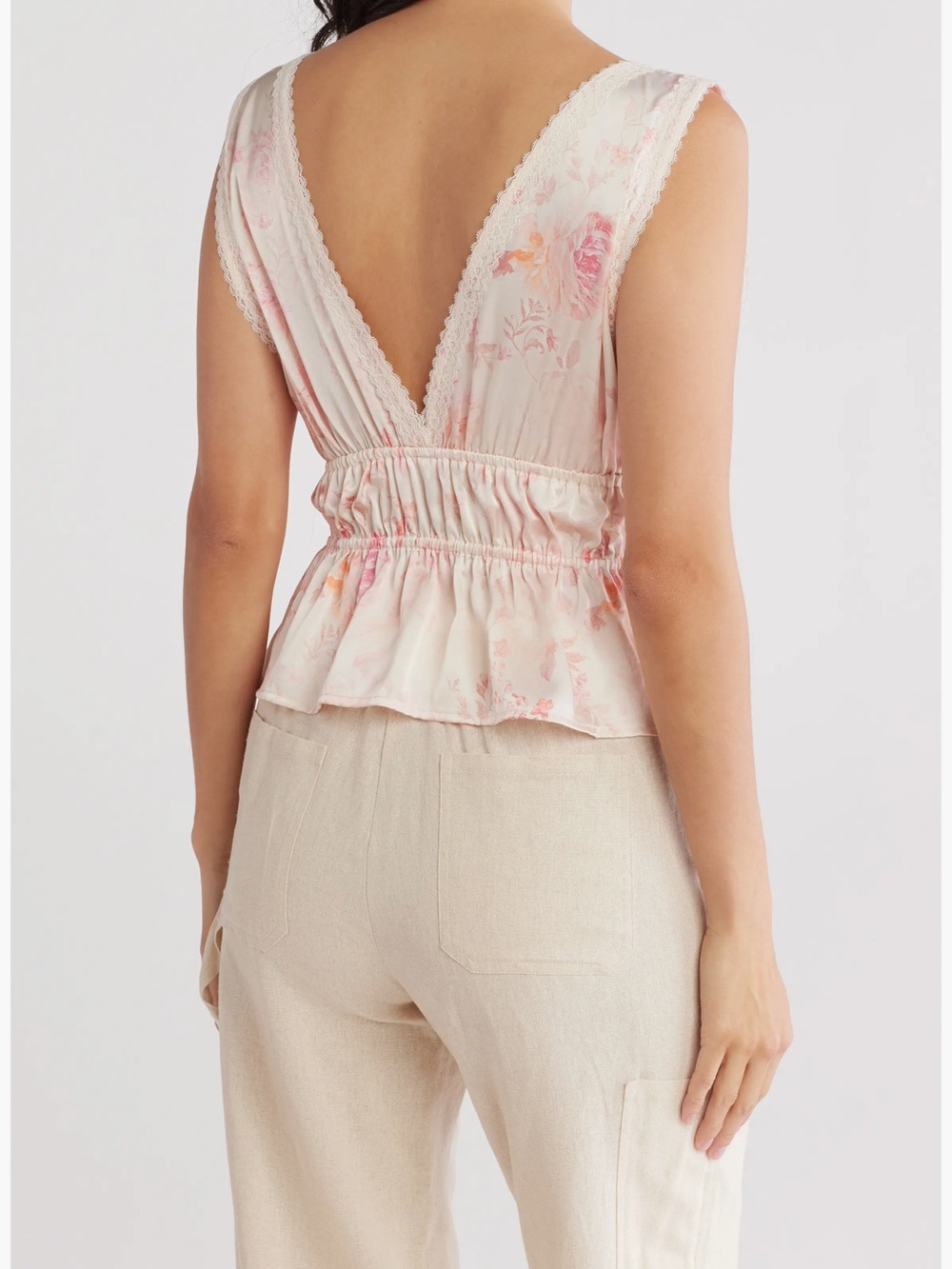 Wayf Blush Floral Lace-Trim Peplum Tie-Front Camisole nWOT